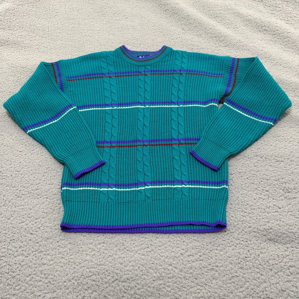 Vintage Melange 90s Teal Sweater Striped Cable Knit Crew Neck Womens Medium